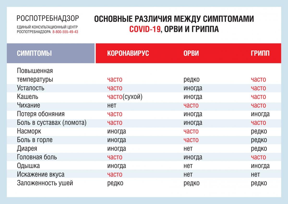 Основные различия между симптомами COVID - 19, ОРВИ и граппа..